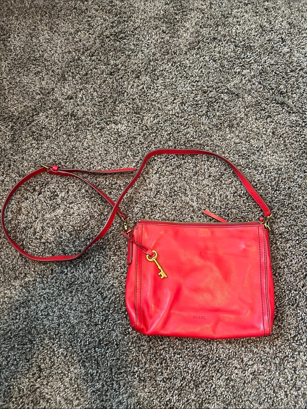 Fossil Bright Red Leather Crossbody with Key Charm